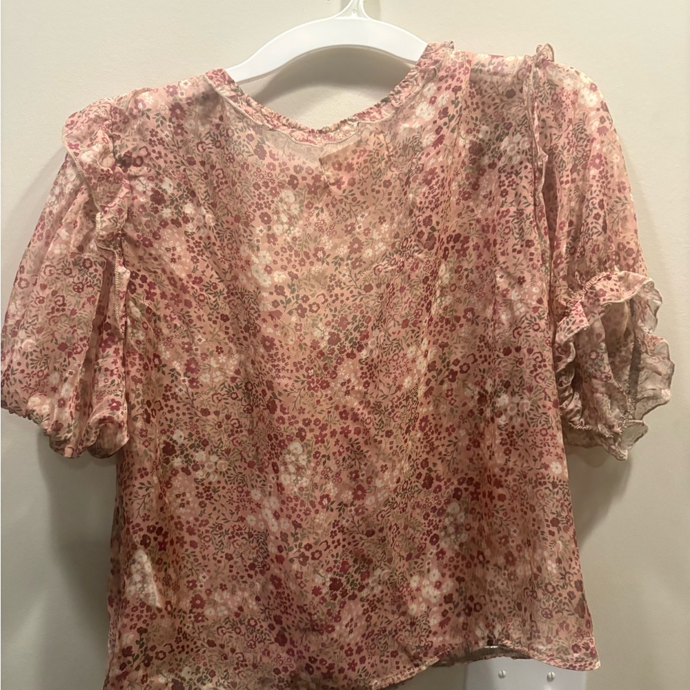 Anthropologie Pink Floral Ruffle V-Neck Blouse - Picture 7 of 7